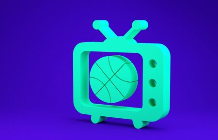Green Basketball match on tv program icon isolated on blue background. Minimalism concept. 3d illustration 3D renderの写真素材