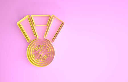 Yellow Basketball medal with ribbon icon isolated on pink background. Minimalism concept. 3d illustration 3D renderの写真素材
