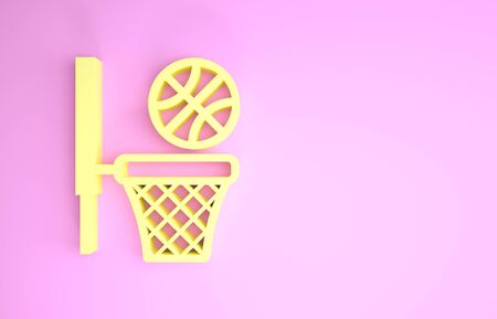 Yellow Basketball ball and basket icon isolated on pink background. Ball in basketball hoop. Minimalism concept. 3d illustration 3D renderの写真素材