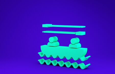 Green Boat with oars and people icon isolated on blue background. Water sports, extreme sports, holiday, vacation, team building. Minimalism concept. 3d illustration 3D renderの写真素材