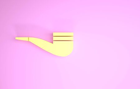 Yellow Smoking pipe with smoke icon isolated on pink background. Tobacco pipe. Minimalism concept. 3d illustration 3D renderの写真素材
