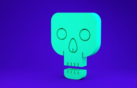 Green Skull icon isolated on blue background. Happy Halloween party. Minimalism concept. 3d illustration 3D renderの写真素材