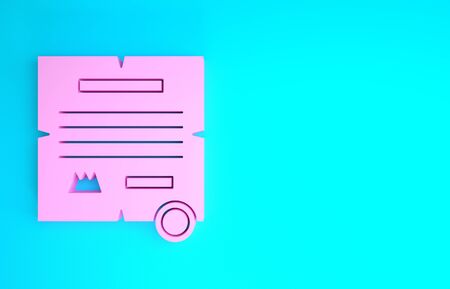 Pink Decree, paper, parchment, scroll icon icon isolated on blue background. Minimalism concept. 3d illustration 3D renderの写真素材