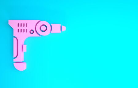 Pink Electric drill machine icon isolated on blue background. Repair tool. Minimalism concept. 3d illustration 3D renderの写真素材