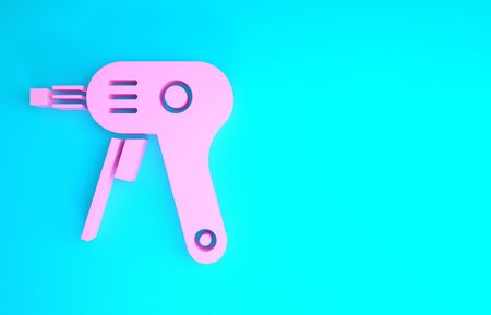 Pink Electric hot glue gun icon isolated on blue background. Hot pistol glue. Hot repair work appliance silicone. Minimalism concept. 3d illustration 3D renderの写真素材