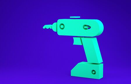 Green Electric cordless screwdriver icon isolated on blue background. Electric drill machine. Repair tool. Minimalism concept. 3d illustration 3D renderの写真素材