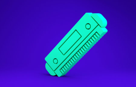 Green Harmonica icon isolated on blue background. Musical instrument. Minimalism concept. 3d...