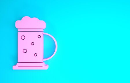 Pink Wooden beer mug icon isolated on blue background. Minimalism concept. 3d illustration 3D renderの写真素材