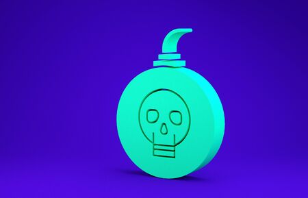 Green Bomb ready to explode icon isolated on blue background. Happy Halloween party. Minimalism concept. 3d illustration 3D renderの写真素材