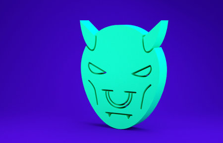 Green Mask of the devil with horns icon isolated on blue background. Minimalism concept. 3d...