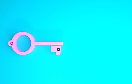 Pink Ancient key for game icon isolated on blue background. Minimalism concept. 3d illustration 3D renderの写真素材