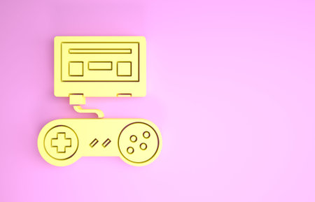 Yellow Video game console with joystick icon isolated on pink background. Minimalism concept. 3d...