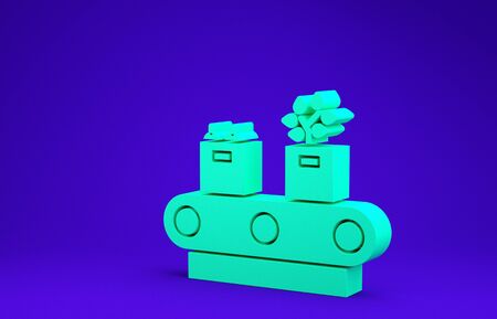 Green Conveyor belt with cardboard box icon isolated on blue background. Minimalism concept. 3d illustration 3D renderの写真素材