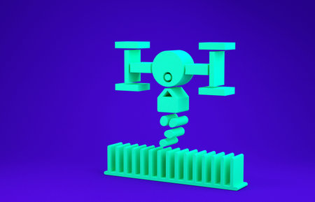 Green Smart farm with drone control for seed planting icon isolated on blue background. Innovation...