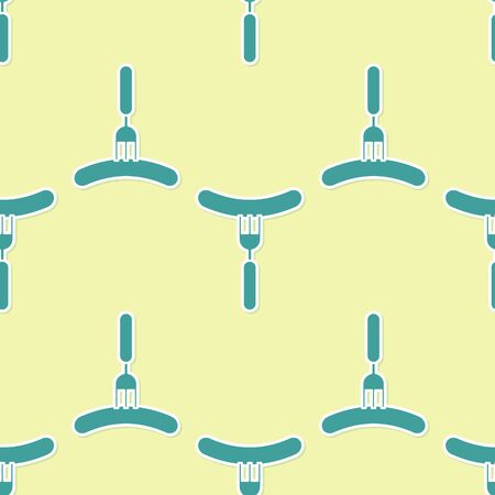 Green Sausage on the fork icon isolated seamless pattern on yellow background. Grilled sausage and aroma sign. Vector Illustrationのイラスト素材