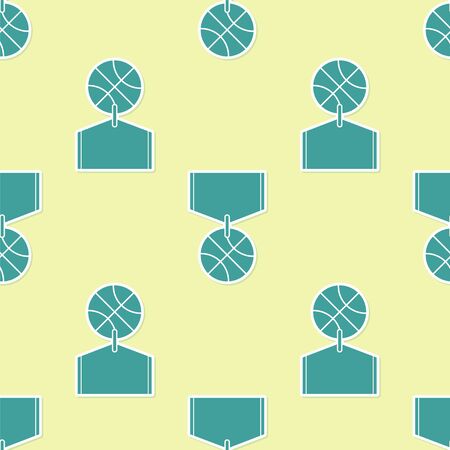 Green Basketball medal with ribbon icon isolated seamless pattern on yellow background. Vector Illustrationのイラスト素材