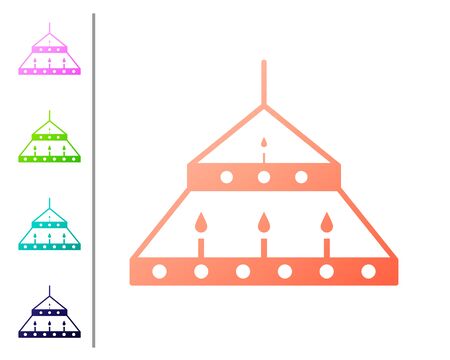 Coral Massive steel chandelier with candles in medieval icon isolated on white background. Set color icons. Vector Illustrationのイラスト素材