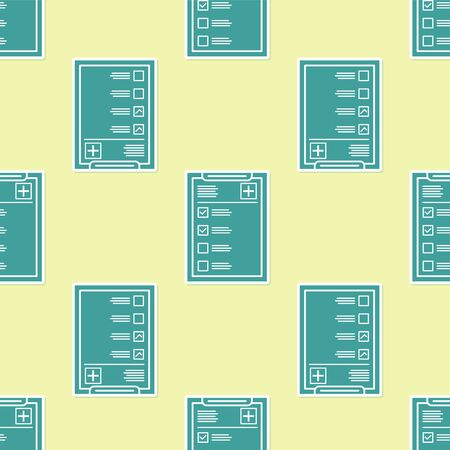 Green Medical clipboard with clinical record icon isolated seamless pattern on yellow background. Health insurance form. Prescription, medical check marks report. Vector Illustrationのイラスト素材