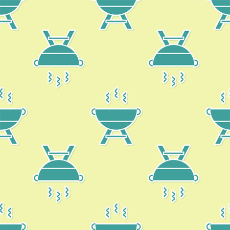 Green Barbecue grill icon isolated seamless pattern on yellow background. BBQ grill party. Vector Illustrationのイラスト素材