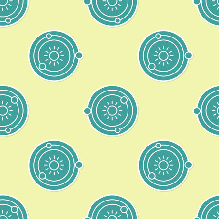 Green Solar system icon isolated seamless pattern on yellow background. The planets revolve around the star. Vector Illustrationのイラスト素材