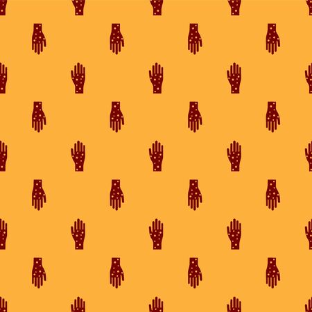 Red Hand with psoriasis or eczema icon isolated seamless pattern on brown background. Concept of human skin response to allergen or chronic body problem. Vector Illustrationのイラスト素材