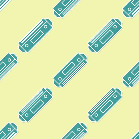 Green Harmonica icon isolated seamless pattern on yellow background. Musical instrument. Vector Illustrationのイラスト素材