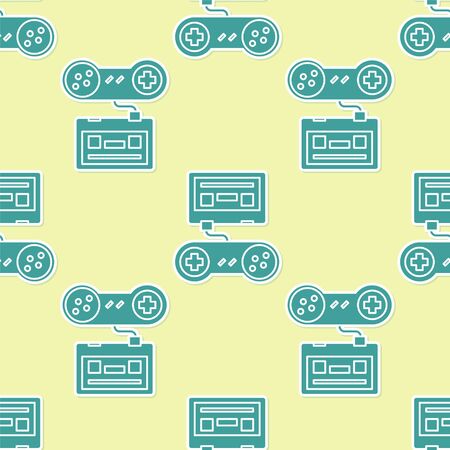 Green Video game console with joystick icon isolated seamless pattern on yellow background. Vector Illustrationのイラスト素材