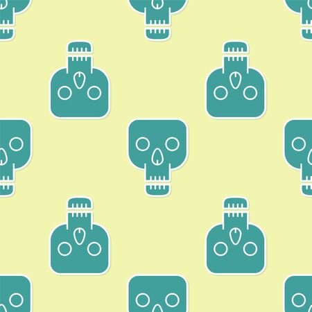 Green Skull icon isolated seamless pattern on yellow background. Happy Halloween party. Vector Illustrationのイラスト素材