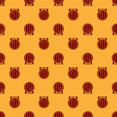 Red Wooden barrel icon isolated seamless pattern on brown background. Alcohol barrel, drink container, wooden keg for beer, whiskey, wine. Vector Illustrationのイラスト素材