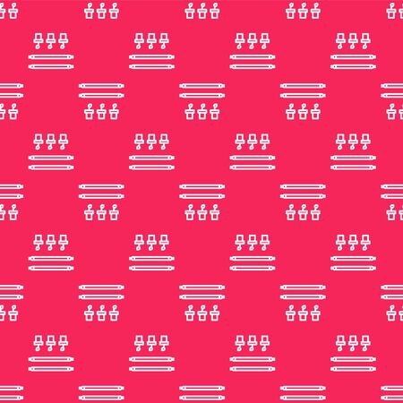 White line Smart farm with light bulb and plant symbol icon isolated seamless pattern on red background. Vector Illustrationのイラスト素材