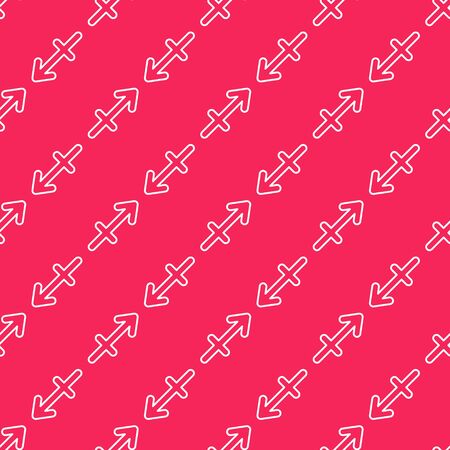 White line Sagittarius zodiac sign icon isolated seamless pattern on red background. Astrological horoscope collection. Vector Illustrationのイラスト素材