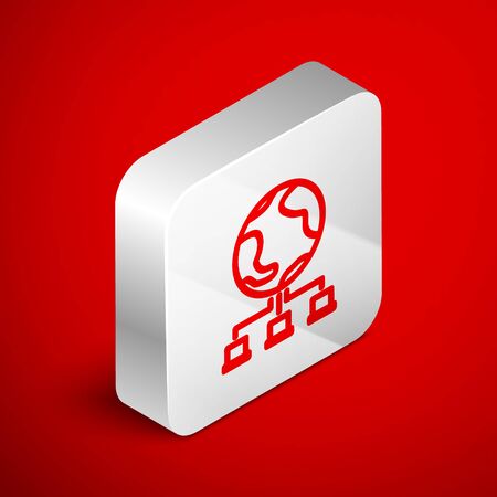 Isometric line Computer network icon isolated on red background. Online gaming. Laptop network. Internet connection. Silver square button. Vector Illustrationのイラスト素材
