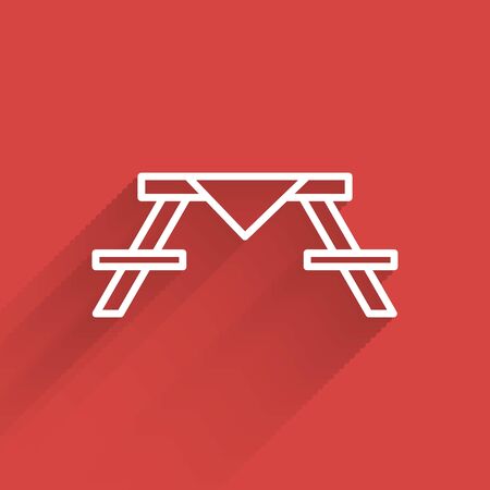 White line Picnic table with benches on either side of the table icon isolated with long shadow. Vector Illustrationのイラスト素材