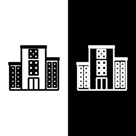 Set line Medical hospital building with cross icon isolated on black and white background. Medical center. Health care. Vector Illustrationのイラスト素材