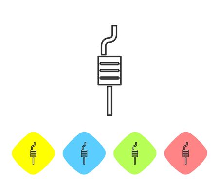 Grey line Car muffler icon isolated on white background. Exhaust pipe. Set icons in color rhombus buttons. Vector Illustrationのイラスト素材