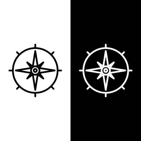 Set line Wind rose icon isolated on black and white background. Compass icon for travel. Navigation design. Vector Illustrationのイラスト素材