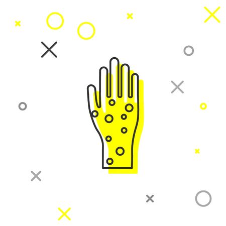 Grey line Hand with psoriasis or eczema icon isolated on white background. Concept of human skin response to allergen or chronic body problem. Vector Illustrationのイラスト素材