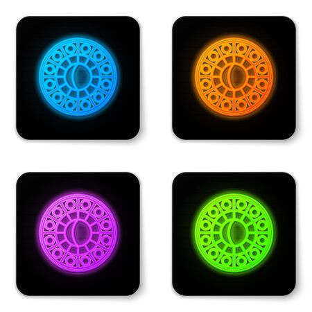 Glowing neon Astrology horoscope circle with zodiac icon isolated on white background. Black square button. Vector Illustrationのイラスト素材