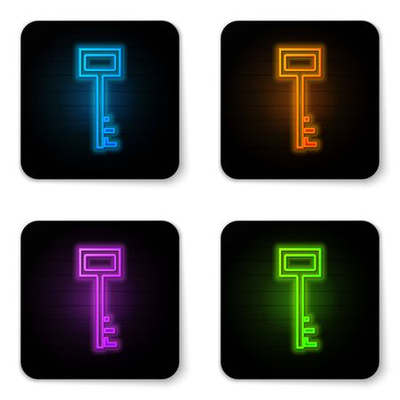 Glowing neon Pirate key icon isolated on white background. Black square button. Vector Illustrationのイラスト素材