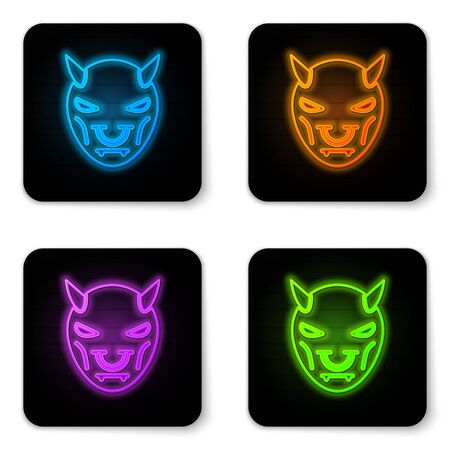 Glowing neon Mask of the devil with horns icon isolated on white background. Black square button. Vector Illustrationのイラスト素材