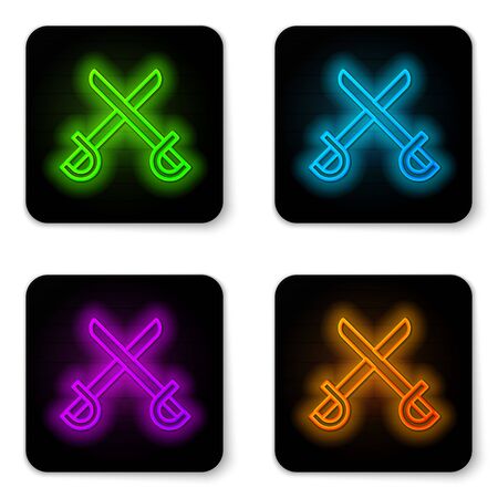 Glowing neon line Crossed pirate swords icon isolated on white background. Sabre sign. Black square button. Vector Illustrationのイラスト素材