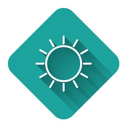 White line Sun icon isolated with long shadow. Green square button. Vector Illustrationのイラスト素材