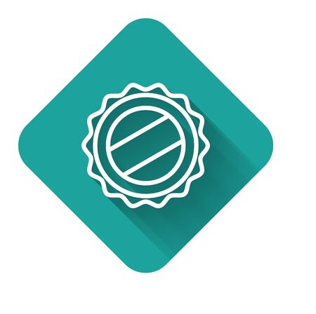 White line Bottle cap icon isolated with long shadow. Green square button. Vector Illustrationのイラスト素材