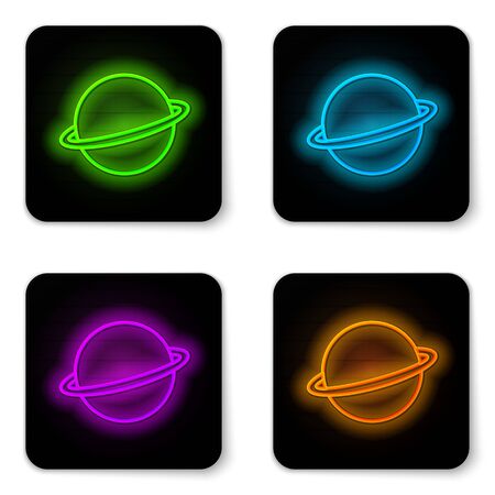 Glowing neon line Planet Saturn with planetary ring system icon isolated on white background. Black square button. Vector Illustrationのイラスト素材