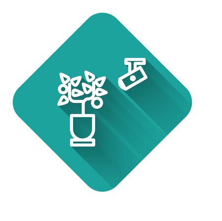 White line Smart farming technology - farm automation system in app icon isolated with long shadow. Green square button. Vector Illustrationのイラスト素材