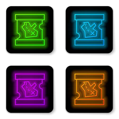 Glowing neon line Pirate treasure map icon isolated on white background. Black square button. Vector Illustrationのイラスト素材