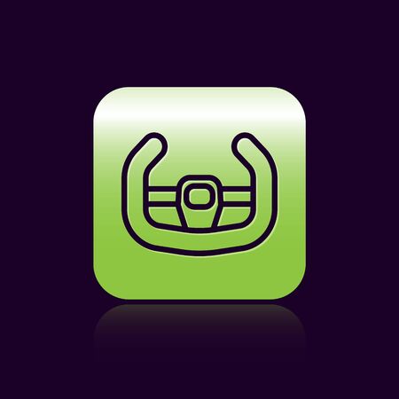 Black line Sport steering wheel icon isolated on black background. Car wheel icon. Green square button. Vector Illustrationのイラスト素材