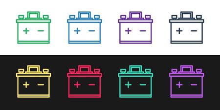 Set line Car battery icon isolated on black and white background. Accumulator battery energy power and electricity accumulator battery. Vector Illustrationのイラスト素材