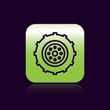 Black line Car wheel icon isolated on black background. Green square button. Vector Illustrationのイラスト素材