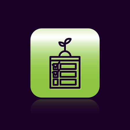 Black line Smart farming technology - timer farm automation system in app icon isolated on black background. Green square button. Vector Illustrationのイラスト素材